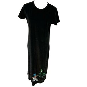 Michael Simon‎ Event Women's Medium Maxi Dress Black Velour Snowman Holiday Tree